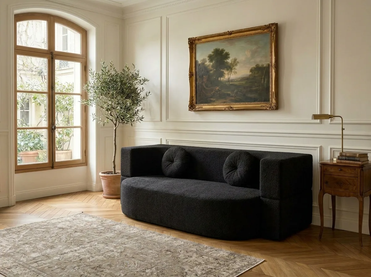 Ink bouclé BaoHome sofa against cream panelling