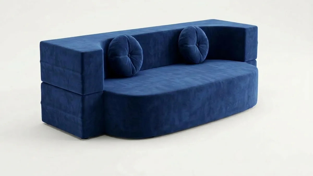 The BaoHome sofa in indigo velvet, three-quarter view